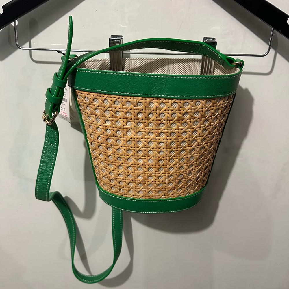 Green and Tan Woven Bucket Bag